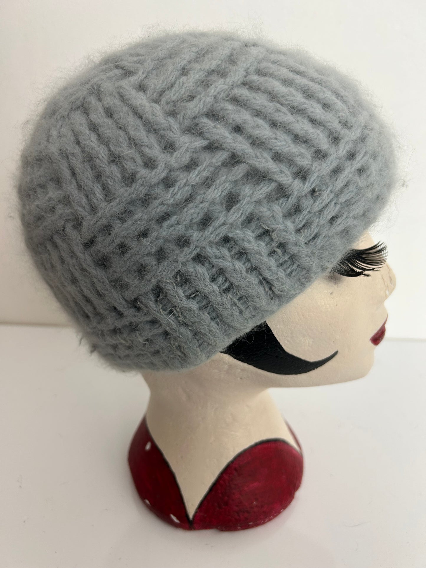 Vintage Grey Wool & Angora Mix Chunky Knit Beanie Or Beret Style Handmade Hat