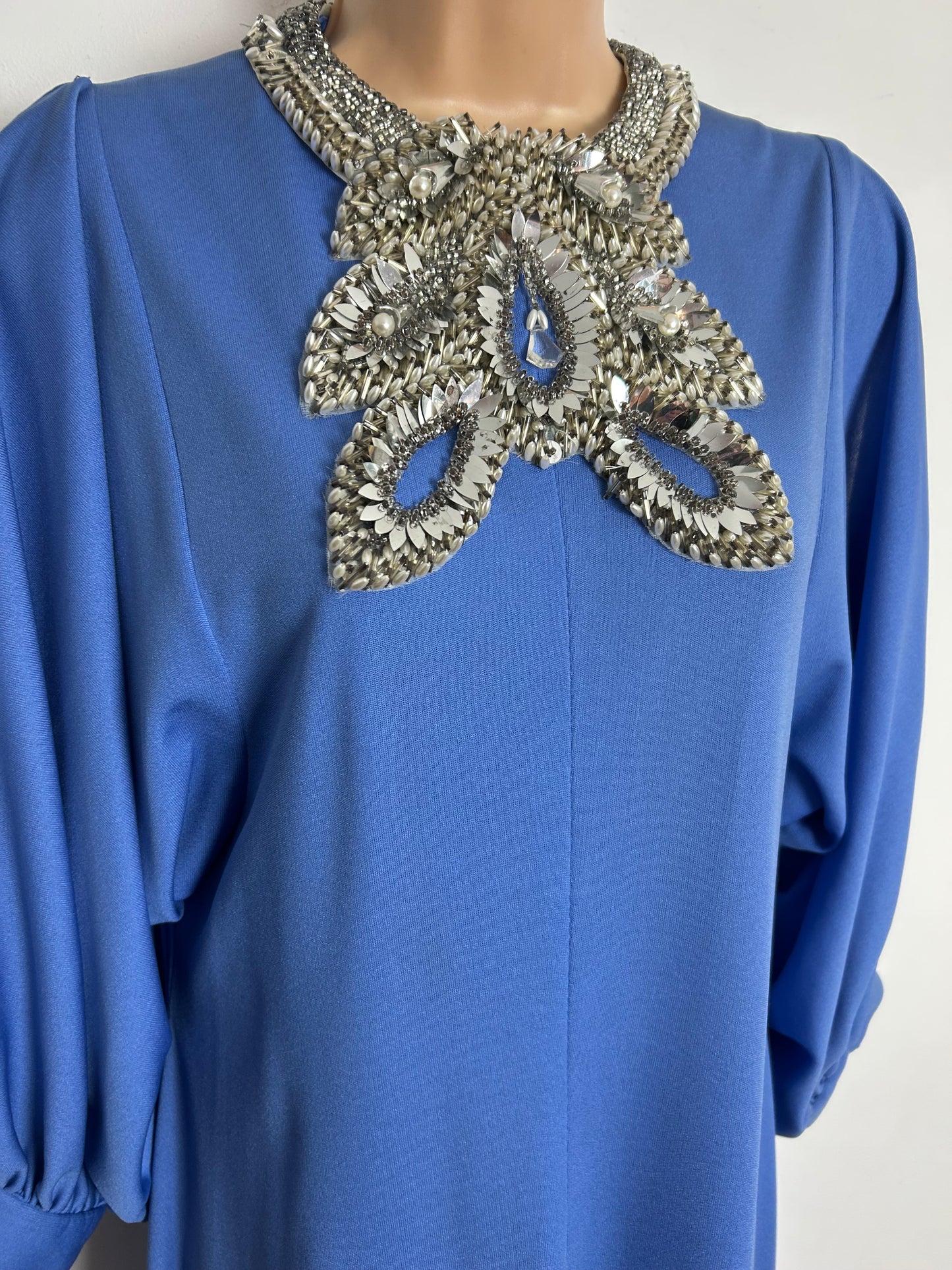 Vintage Early 1970s LESHGOLD Size 8-10 Powder Blue Silver Bead & Sequin Applique Split Sleeve Occasion Evening Maxi Dress