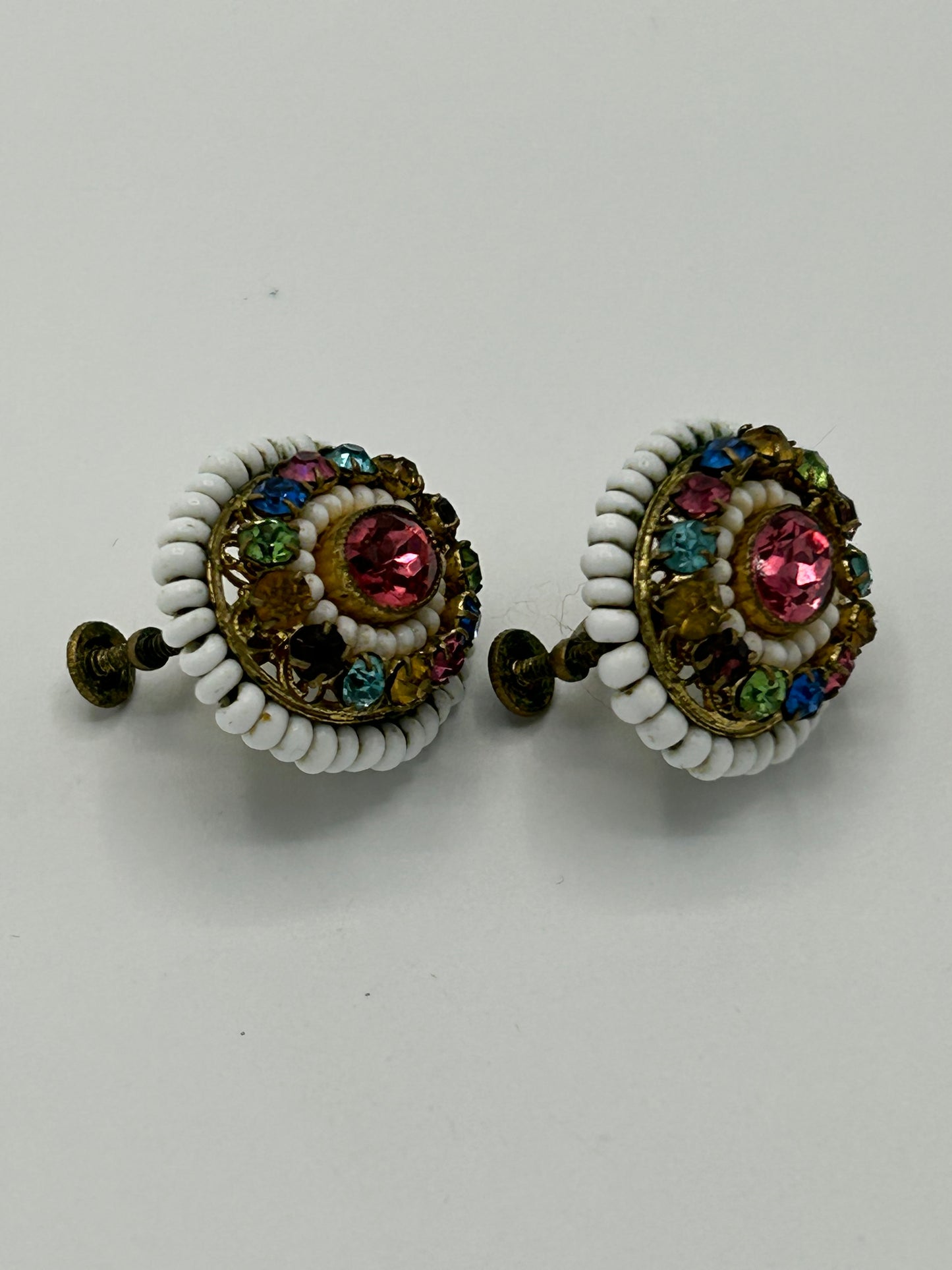 Vintage 1960s Gorgeous Seed Bead & Multicolour Glass Stone Set Oval Screw Back Earrings