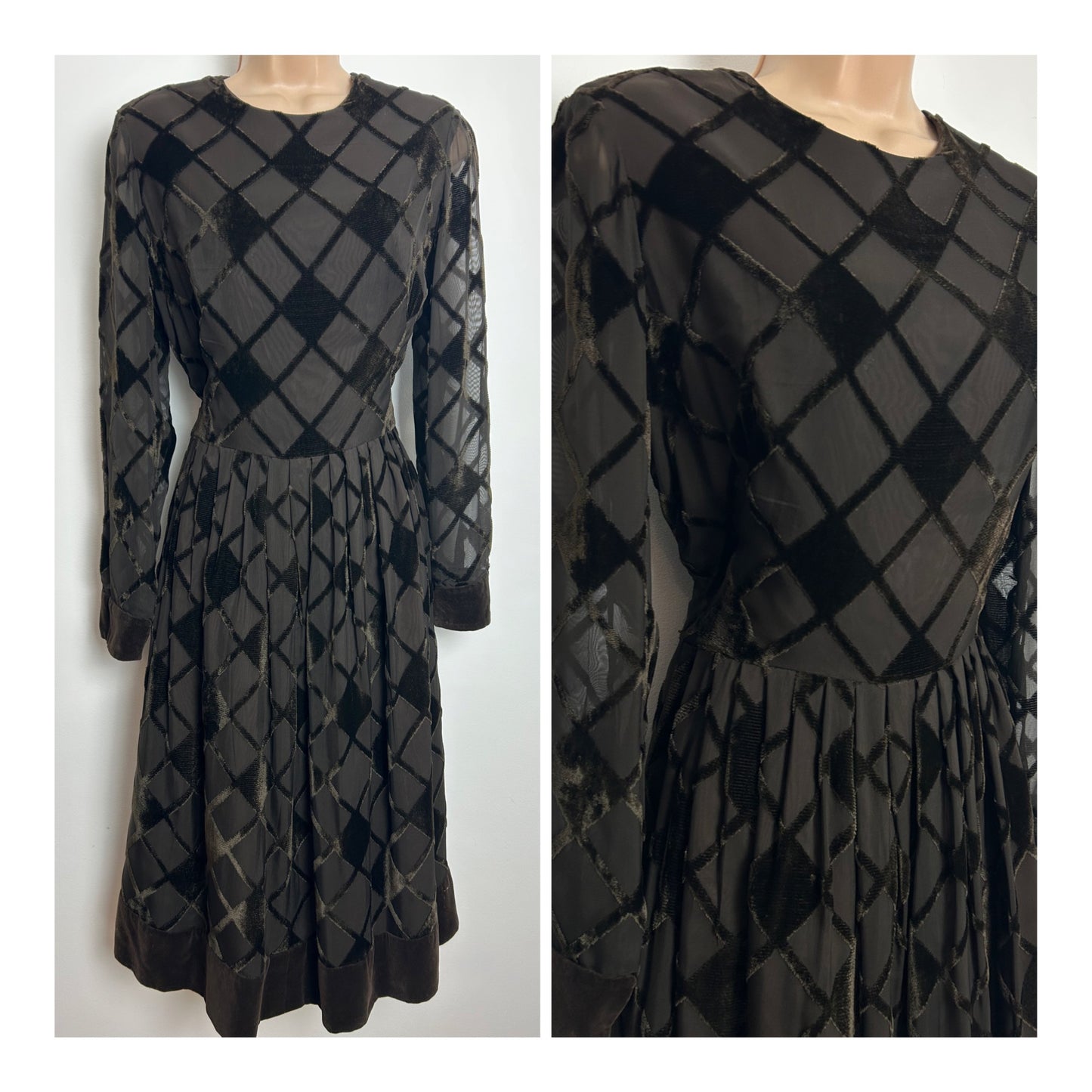 Vintage 1960s JEAN ALLEN Size 8-10 Brown Chiffon & Velvet Diamond Check Pattern Long Sleeve Dress