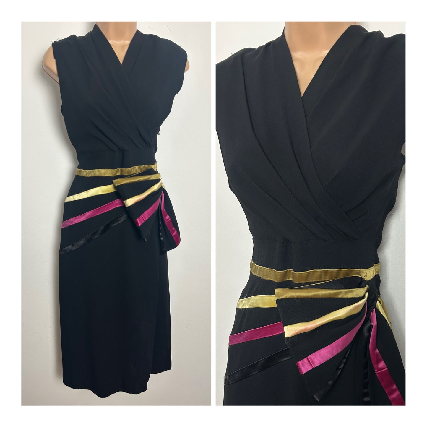Vintage Late 1940s RARE ARTHUR BANKS Size 8-10 Black Rayon Satin Stripe Bow Detail Wiggle Party Dress