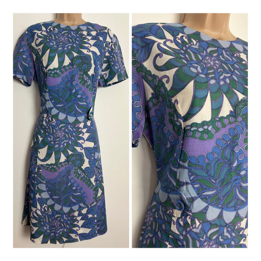Vintage 1960s CARNEGIE OF LONDON Size 10-12 Blue Purple & Green Floral Print Short Sleeve Mod Shift Dress