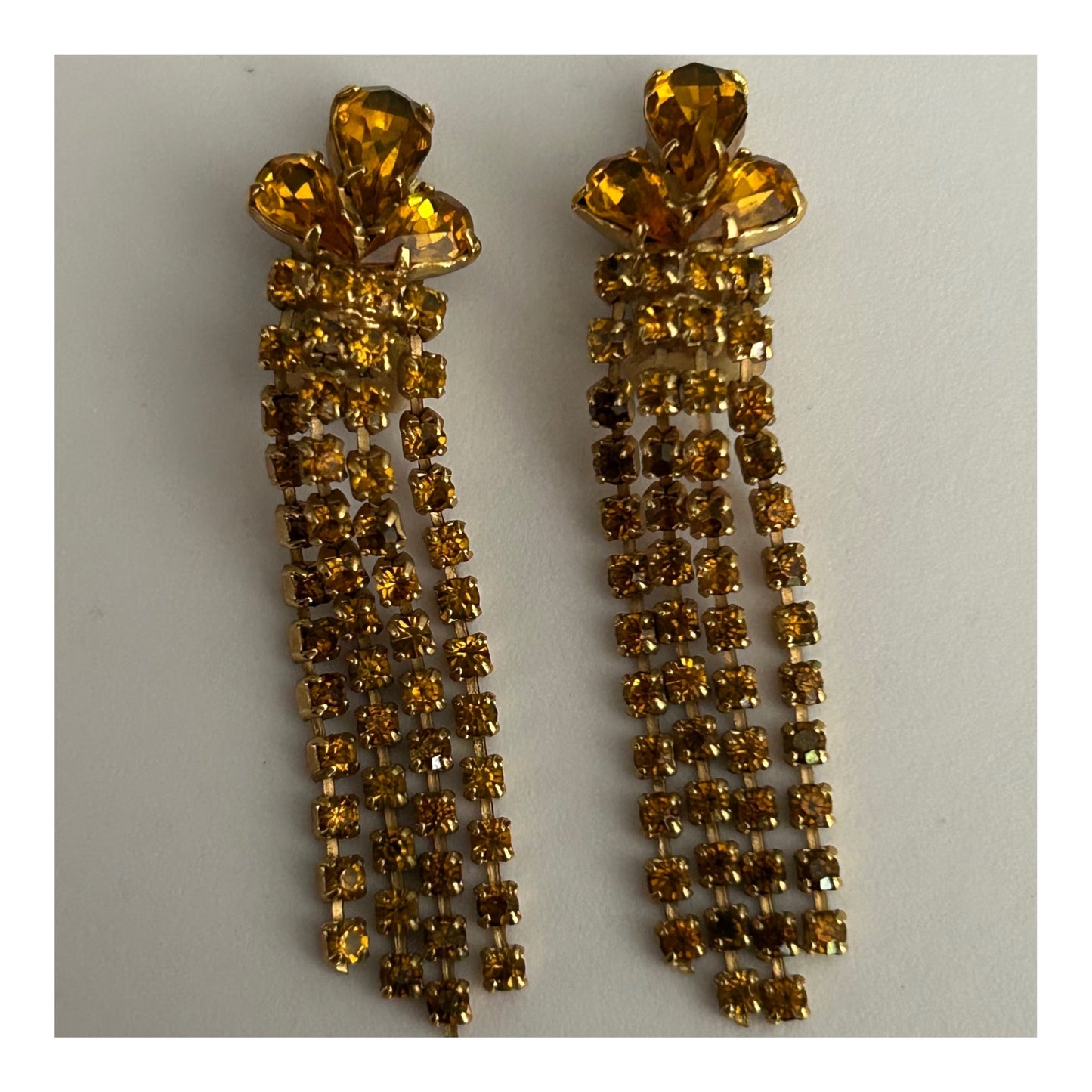 Vintage Gold Tone & Amber Colour Glass & Diamante Set Tassel Strand Clip On Dangle Earrings