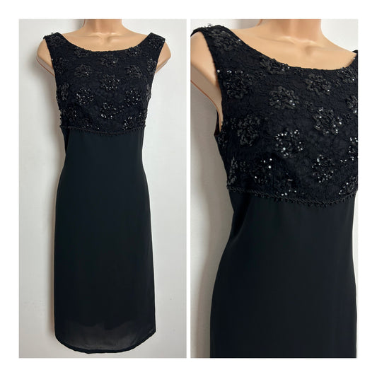 Vintage 1960s Size 8 Black Lace Bead & Sequin Detail Mod Shift Little Black Dress