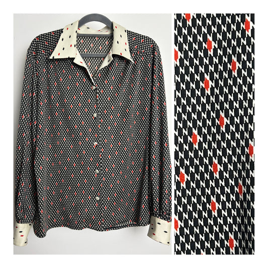 Vintage 1970s Size 16 Black Cream & Red Abstract Check Print Long Sleeve Collared Shirt