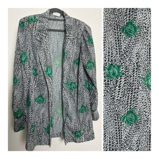 Vintage 1980s BARUCH Size 12 Black White & Green Animal Print With Leaves Open Front Cover Up Shirt