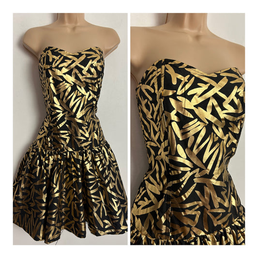 Vintage 1980s UK Size 8 Black & Metallic Gold Abstract Print Strapless Boned Mini Party Prom Dress