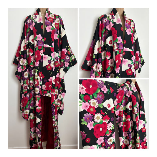 Vintage Y2K FURIFU Japanese Up To Size 16 Gorgeous Black Red & Pink Floral Print Kimono