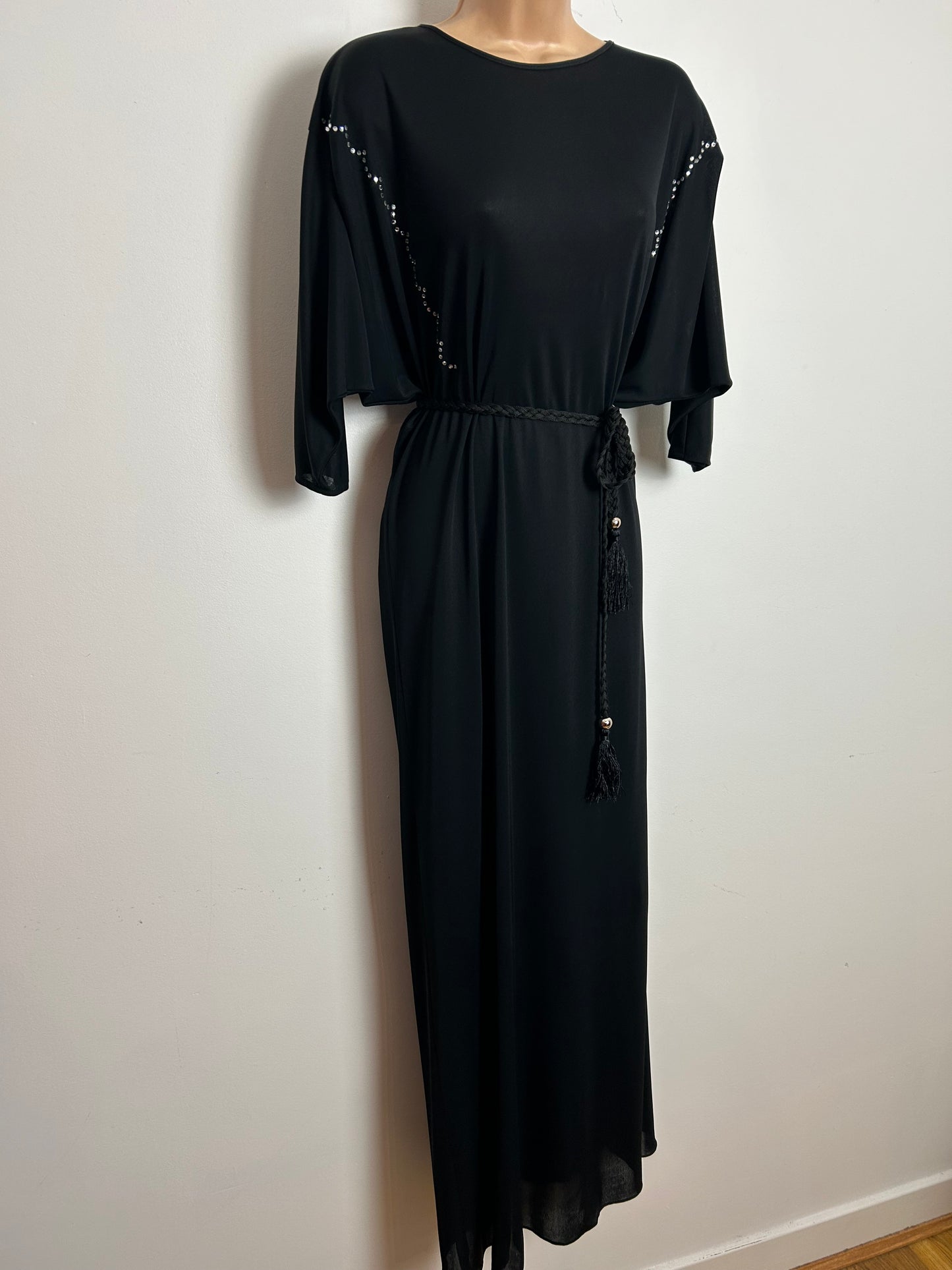 Vintage 1980s Size 12 Black Rhinestone Detail Tie Back Bat Wing Belted Evening Maxi Dress