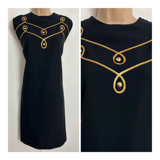 Vintage 1960s UK Size 14 Black & Gold Braid Trim Little Black Evening Party Mod Shift Dress