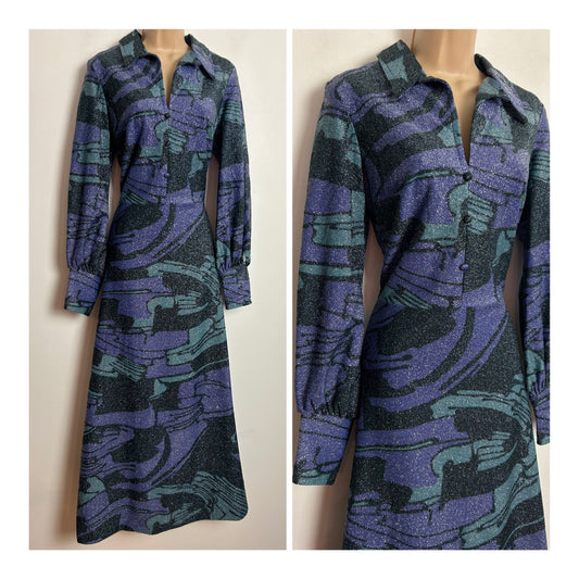 Vintage 1970s UK Size 10-12 Dark Grey Silver & Purple Lurex Abstract Print Long Sleeve Occasion Evening Maxi Dress