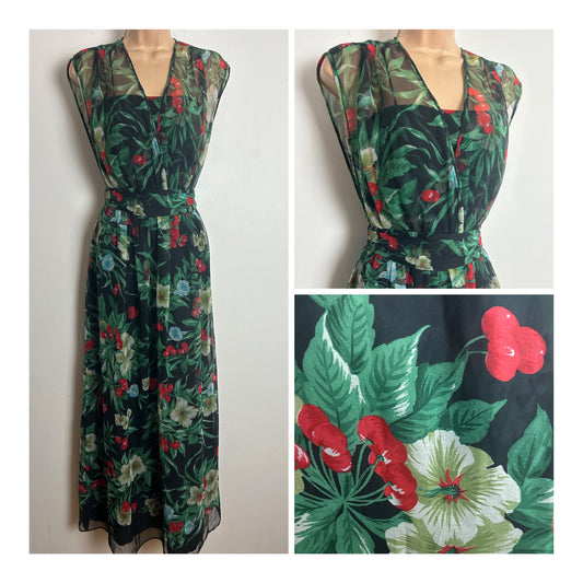 Vintage 1970s VERENA MODELLE Size 8-10 Black Red & Green Floral & Cherry Print Belted Chiffon Maxi Dress