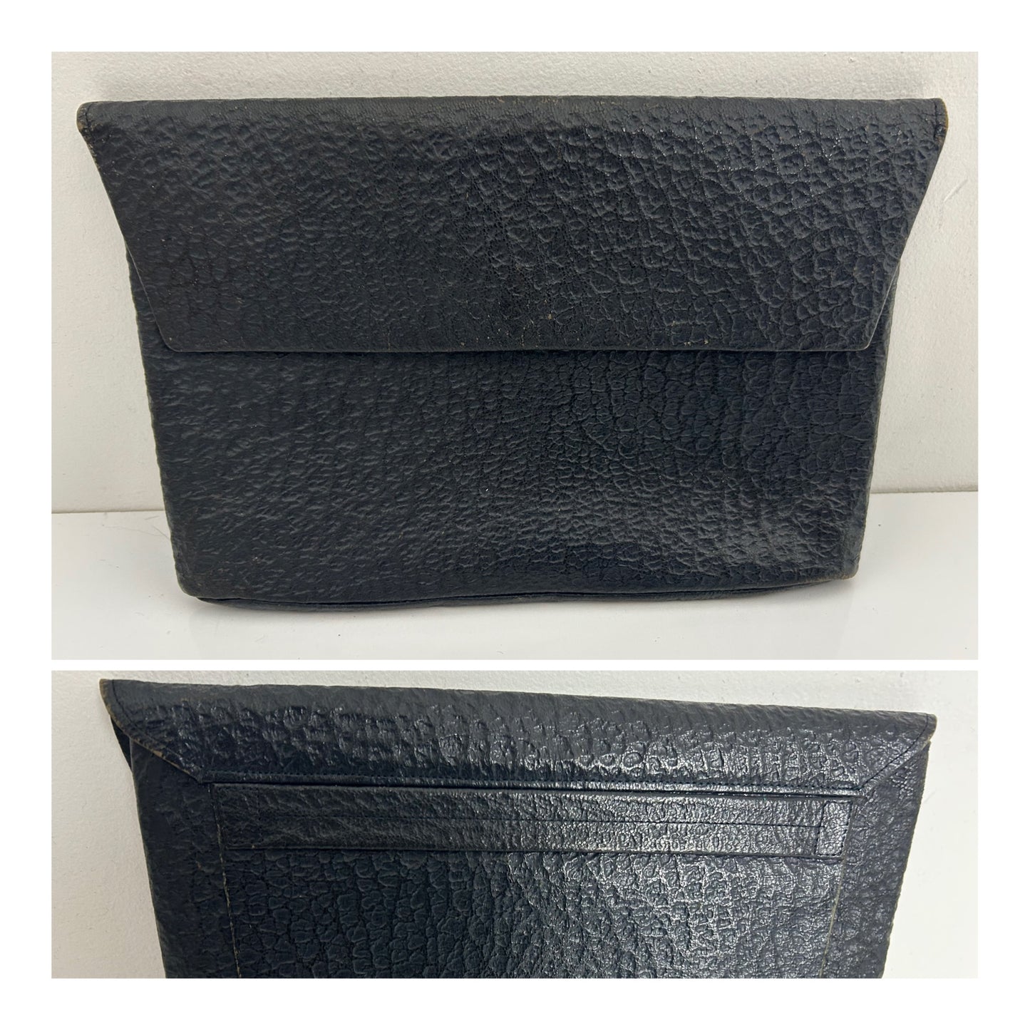 Vintage Late 1940s Black Textured Leather Flap Fastening Finger Strap Clutch Bag