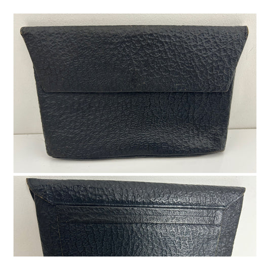 Vintage Late 1940s Black Textured Leather Flap Fastening Finger Strap Clutch Bag