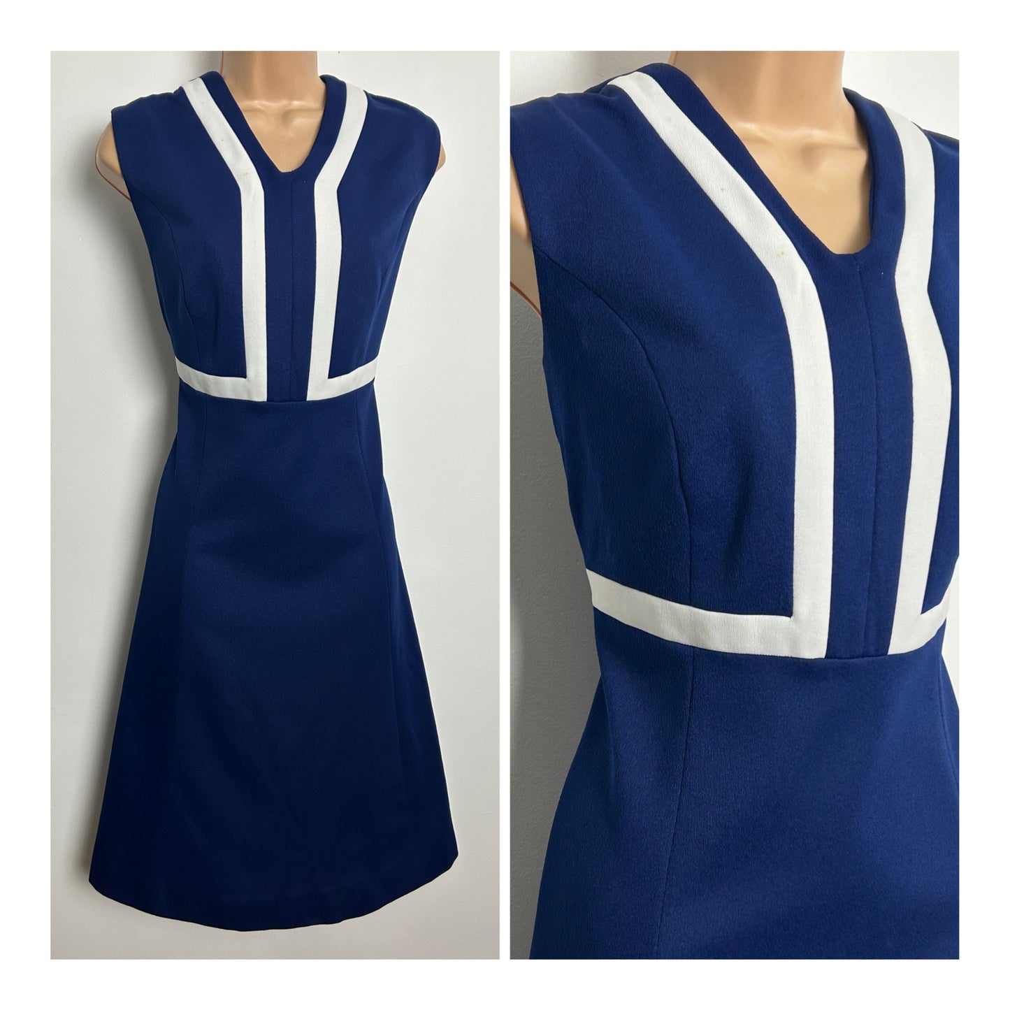 Vintage 1960s Size 12 Navy Blue & White Sleeveless Mod Shift Dress