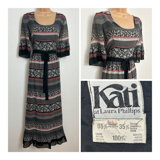 Vintage 1970s KATI AT LAURA PHILLIPS Size 12 Black White & Red Spot Stripe & Floral Print Cotton Mix Maxi Dress