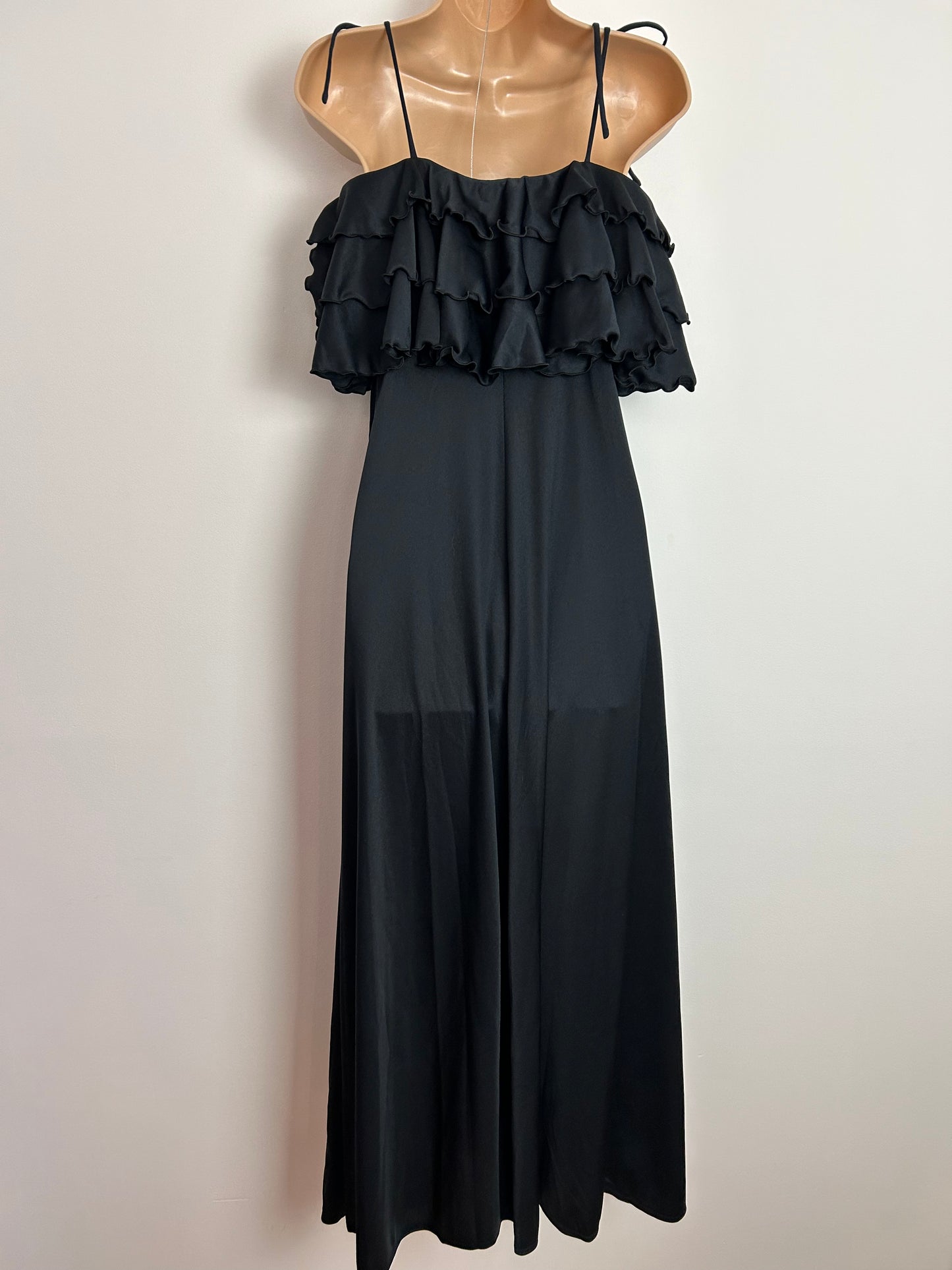 Vintage 1970s UK Size 6-8 Black Trina Lewis & Marjon Couture Ruffle Layered Tie Shoulder Boho Maxi Dress