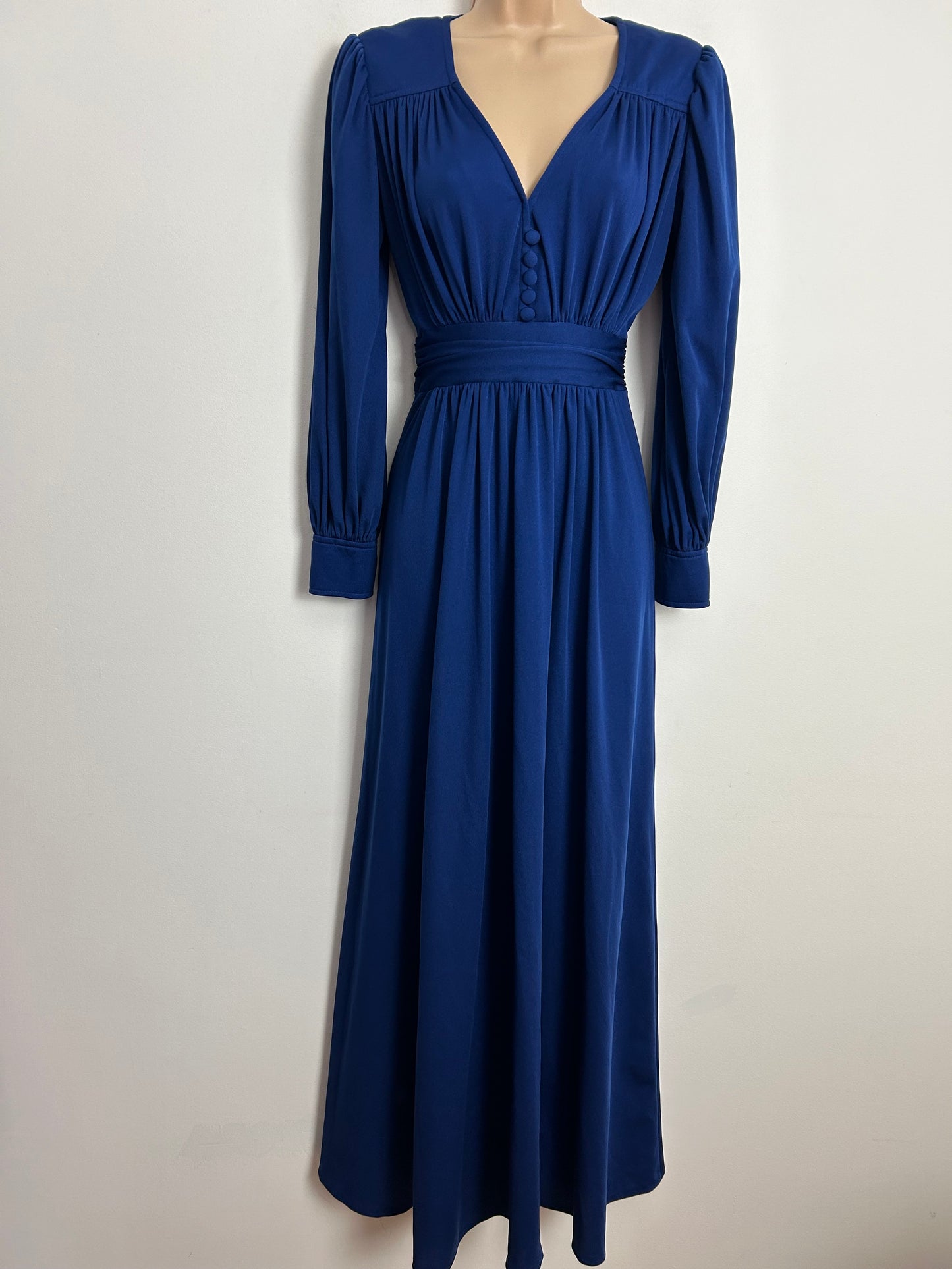 Vintage 1970s CREATION MADEMOISELLE UK Size 6-8 Royal Blue Long Sleeve Gather Pleated Maxi Dress