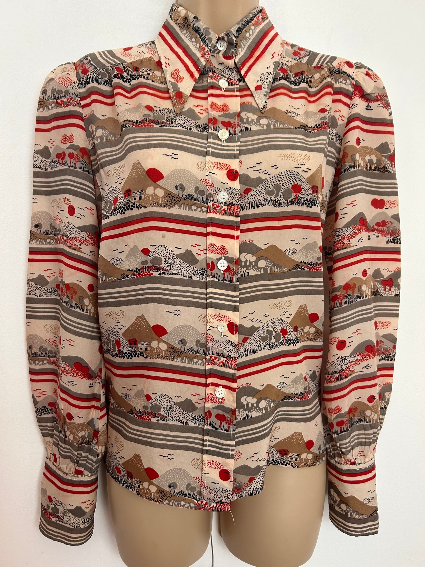 Vintage 1970s UK Size 12 Beige Brown Grey & Red Country Hill Trees & Cottage Novelty Print Dagger Collar Shirt