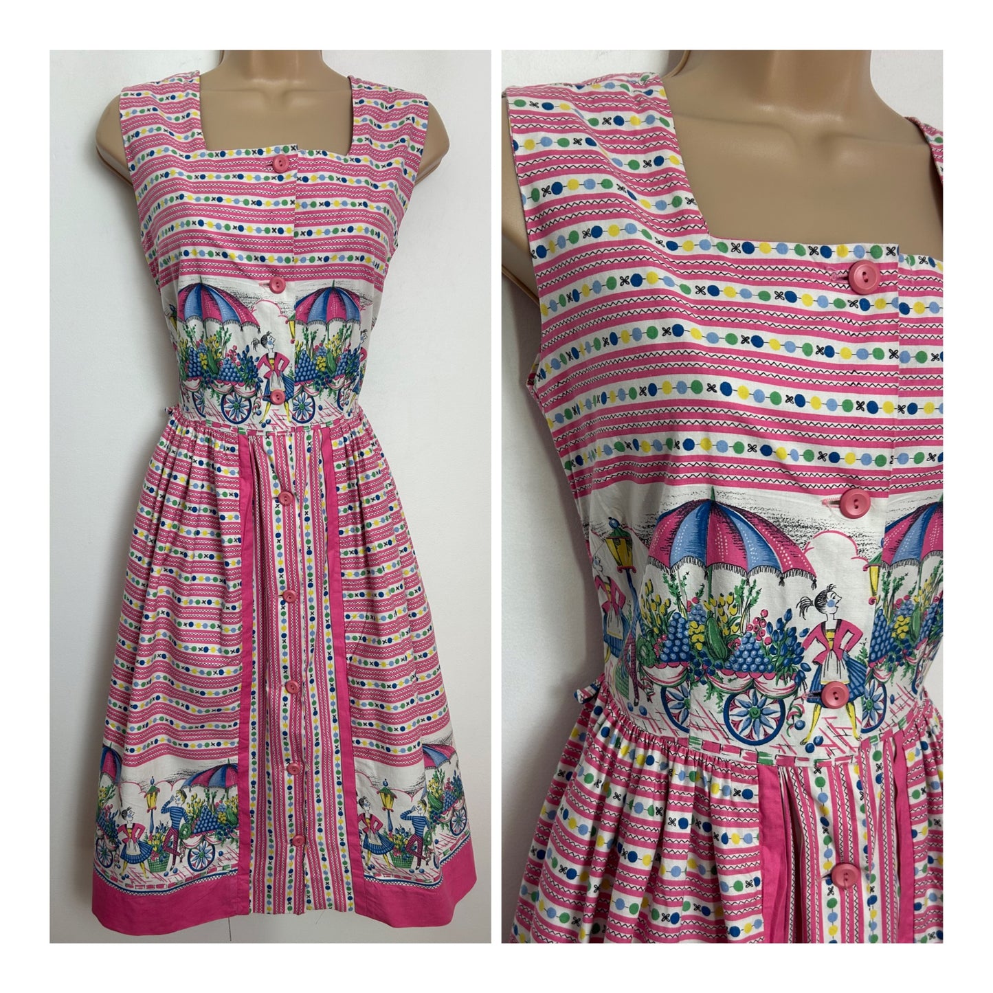 Vintage Late 1950s Early 1960s Size 8 Pink White & Blue Spot Stripe & Flower Stall Novelty Print Cotton Summer Day Dress
