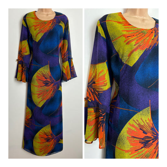 Vintage 1970s SUSAN PETERS UK Size 14-16 Beautiful Purple Blue Orange & Dark Yellow Abstract Print Long Sleeve Maxi Dress