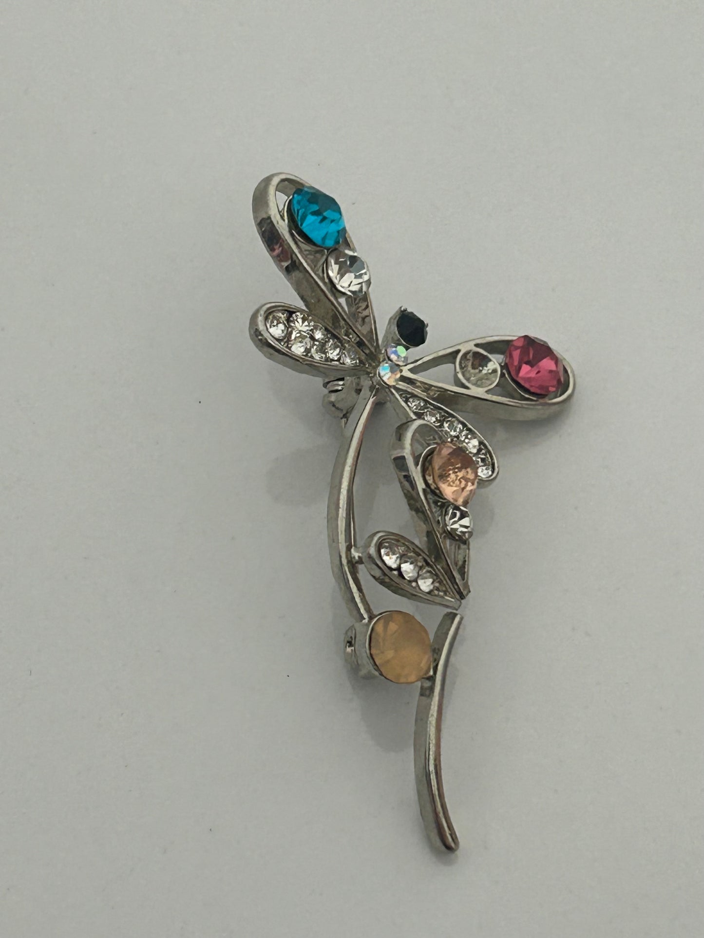 Vintage 1980s Silver Tone Dragonfly On Petal Costume Jewellery Brooch