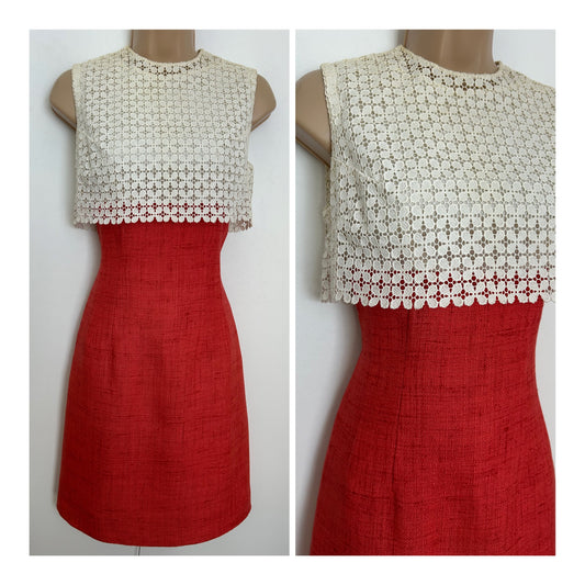Vintage 1960s Size 6 Terracotta & Cream Lace Overlayer Fitted Occasion Dress