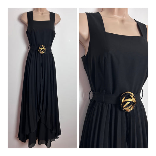 Vintage 1970s EMILIANA UK Size 8 Black Sleeveless Corsage Detail Tie Back Pleated Occasion Evening Maxi Dress
