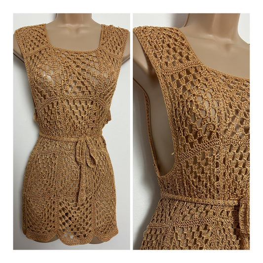 Vintage Size 8 Dark Beige Open Sided Belted Crochet Cover Up Top