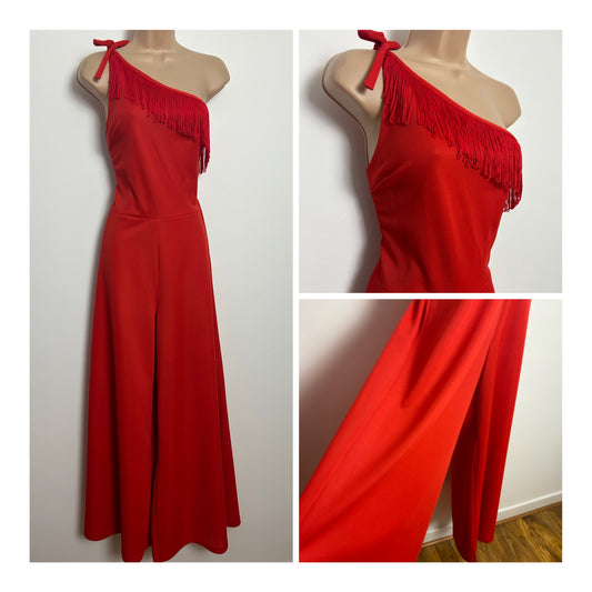 Vintage 1970s Size 8 Fabulous Red One Shoulder Fringe Tassel Wide Leg Occasion Jumpsuit