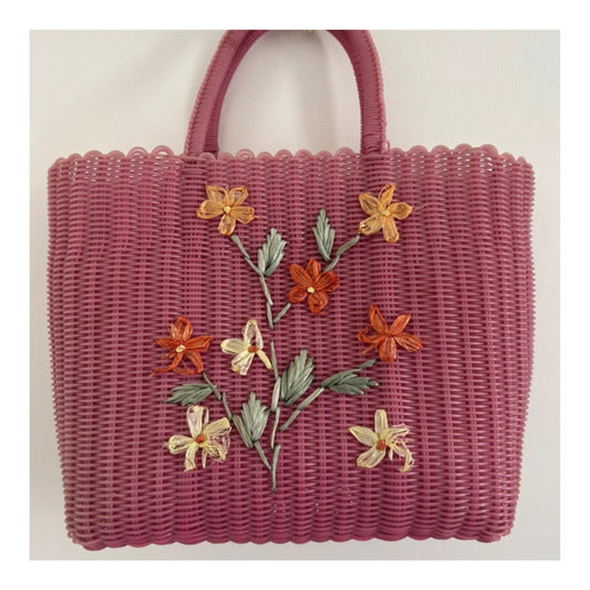 Vintage 1950s Pink Plastic Woven Floral Design Tote Shopping Bag