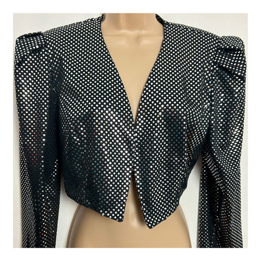 Vintage 1980s PM STYLE UK Size 12-14 Black & Metallic Silver Polka Dots Long Sleeve Bolero Cover Up