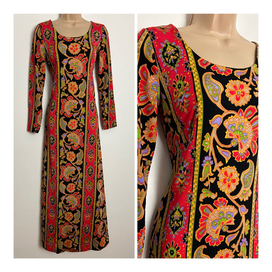 Vintage 1970s CHARMONT Size 6-8 Black Red Yellow Floral & Stripe Print Long Sleeve Maxi Dress