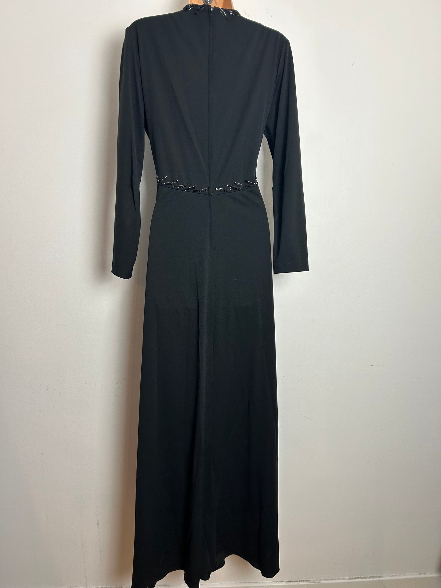 Vintage 1970s TRINA LEWIS & MARJON COUTURE Size    Black Sequin & Bead Detail Long Sleeve Evening Maxi Dress