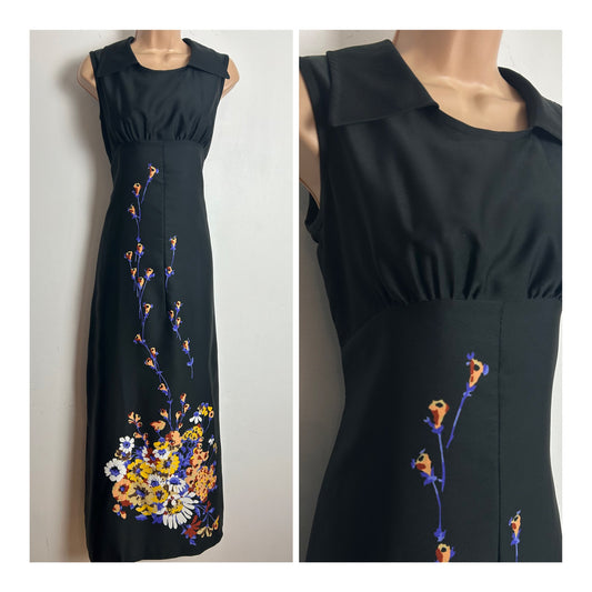 Vintage 1970s Size 10 Black Orange & Purple Floral Print Sleeveless Maxi Dress