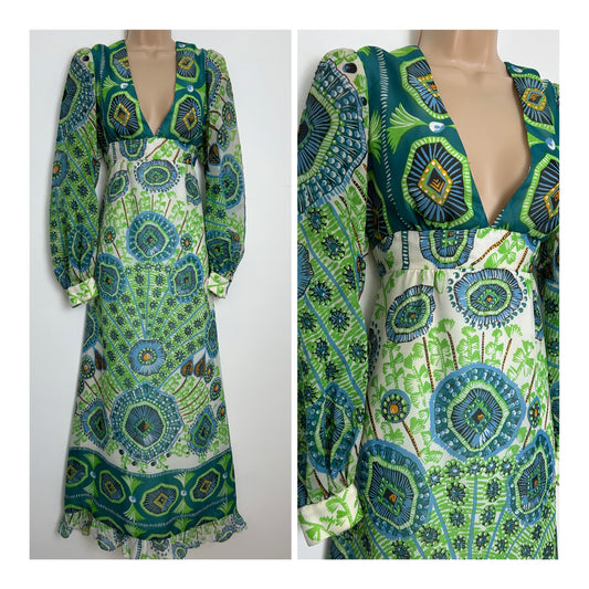 Vintage 1970s MISS NOVELL Size 10-12 Cream Teal & Green Abstract Print Long Sleeve Maxi Dress