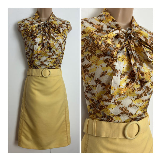 Vintage 1960s HUCKE Size 12 Mustard Brown White & Grey Abstract Print Pure New Wool Pussy Bow Belted Mod Dress