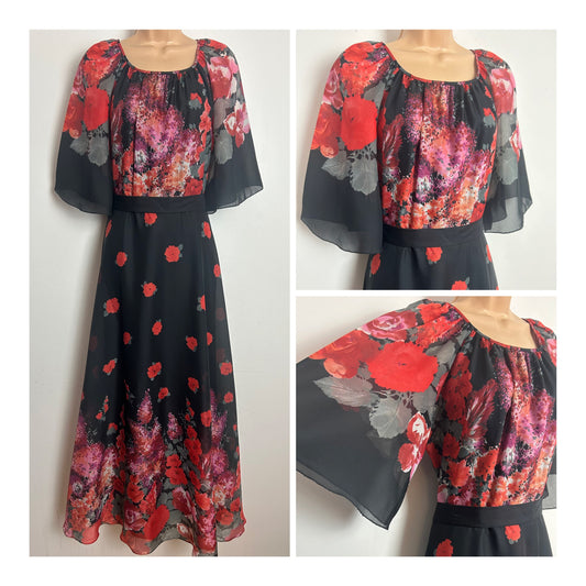 Vintage 1970s KLEEMIER Size 12-14 Black Red Pink & Grey Floral Flutter Sleeve Belted Maxi Dress