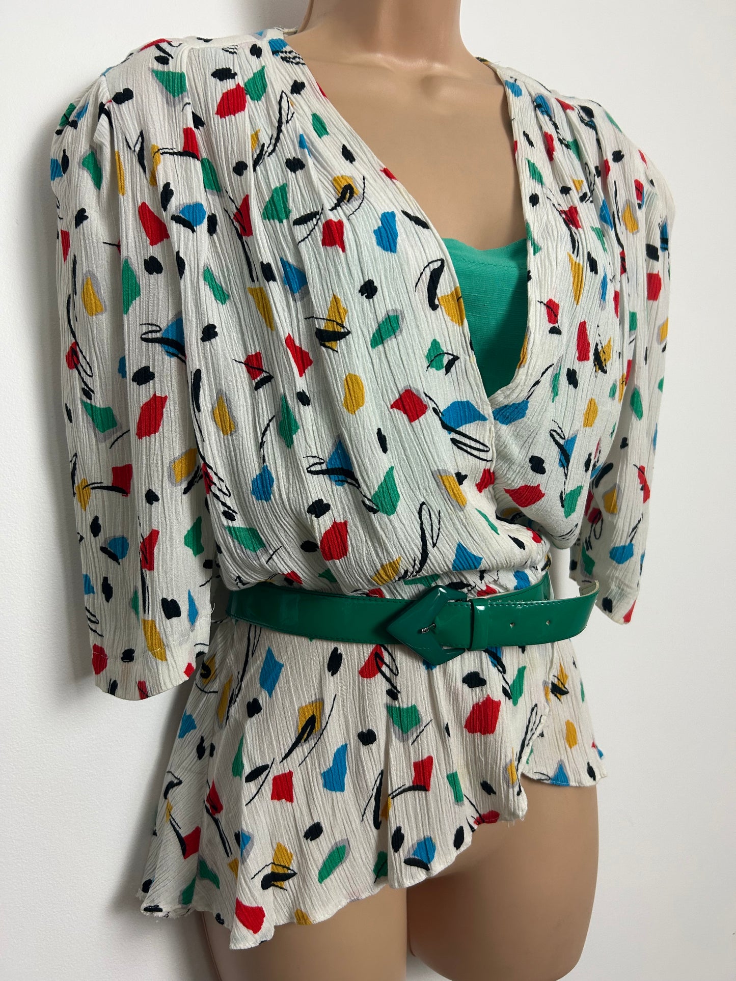 Vintage 1980s Size 12-14 White Red Green Yellow & Blue Abstract Belted Peplum Top