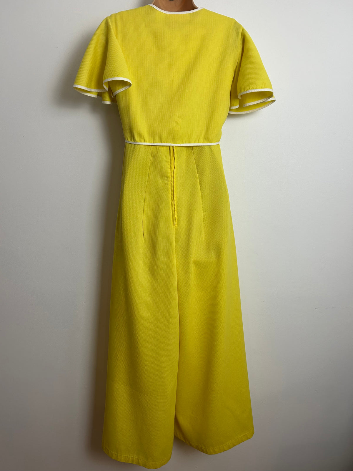 Vintage 1970s SEARS "AT HOME WEAR" Size 8 Yellow Wide Leg Palazzo Jumpsuit With Matching Crop Stye Tie Front Cover Up