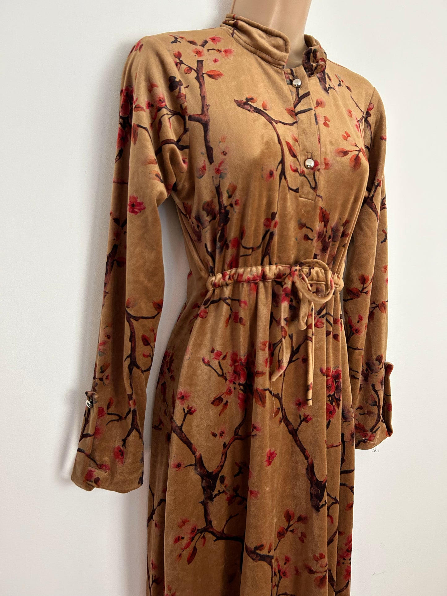 Vintage 1970s Homemade UK Size 8-10 Sandy Beige Blossom Floral Print Long Sleeve Pull Tie Waist Velour Boho Maxi Dress