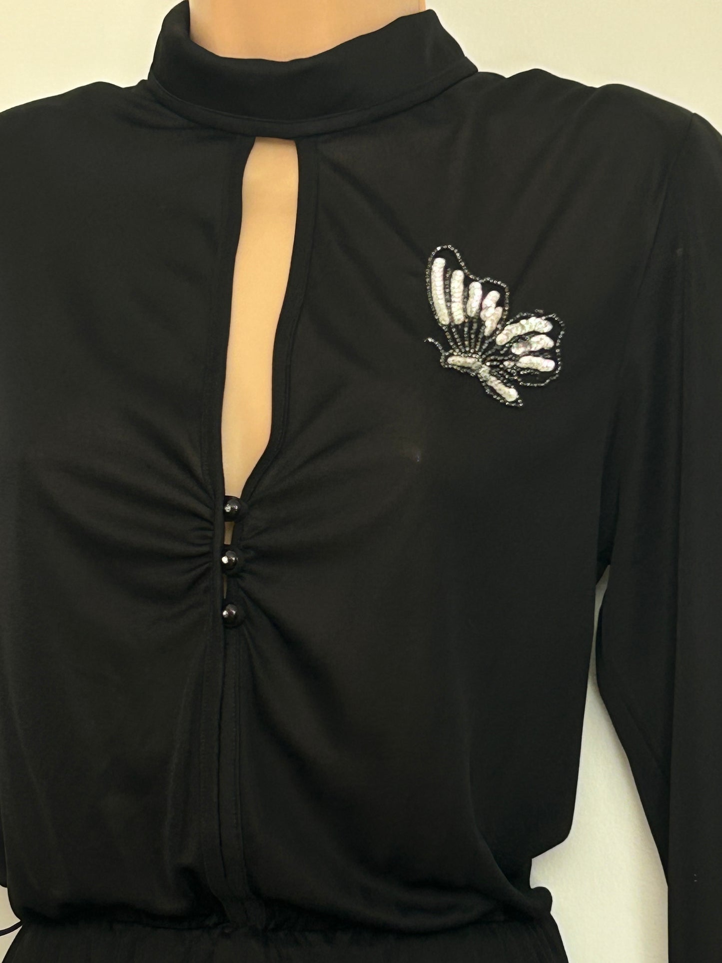 Vintage Late 1970s MARIA KROLL Size 8-10 Black Long Sleeve Silver Sequin Butterfly Detail Evening Dress