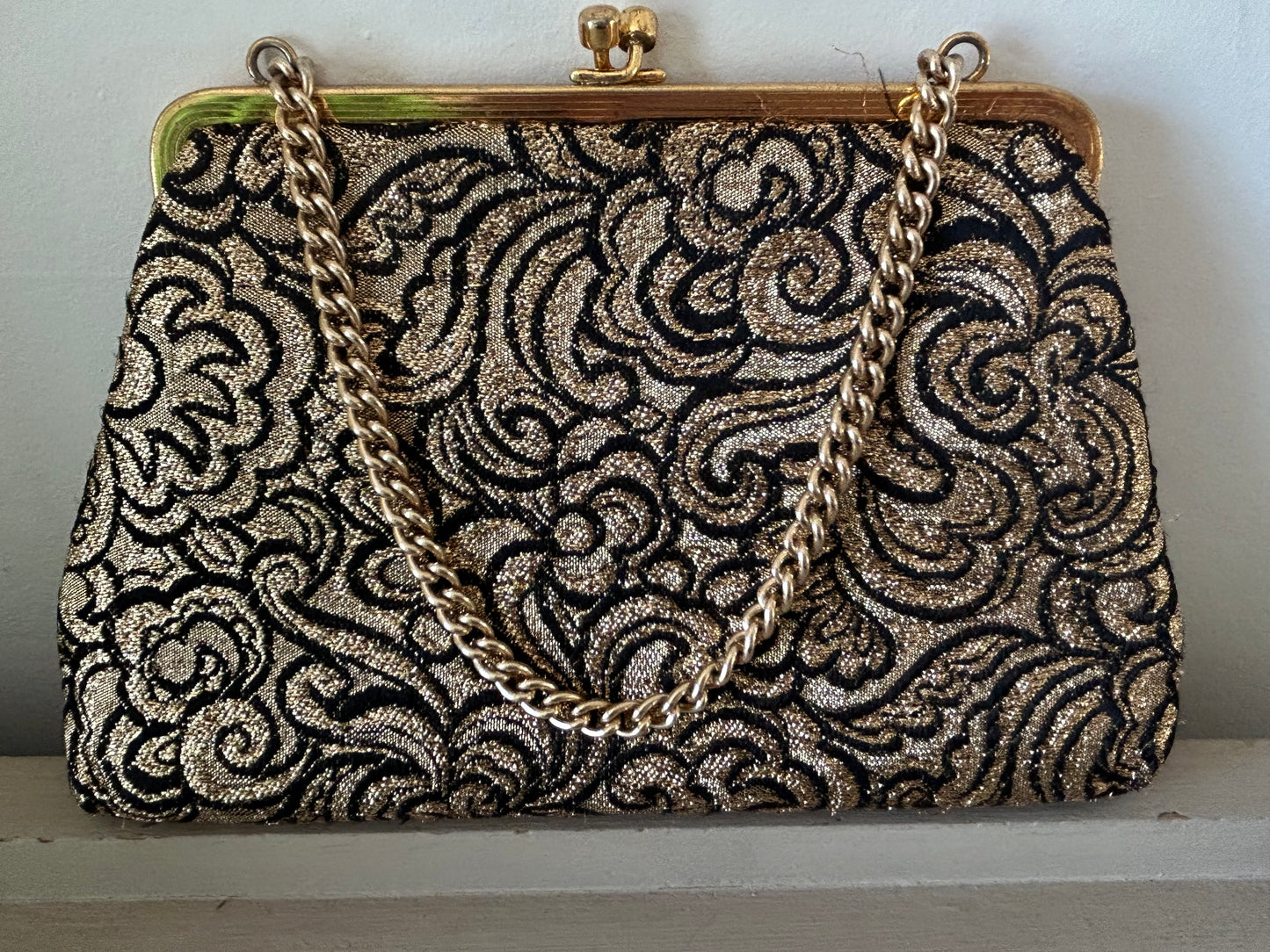 Vintage 1960s Small Black & Metallic Gold Floral Evening Bag With Chain Handle