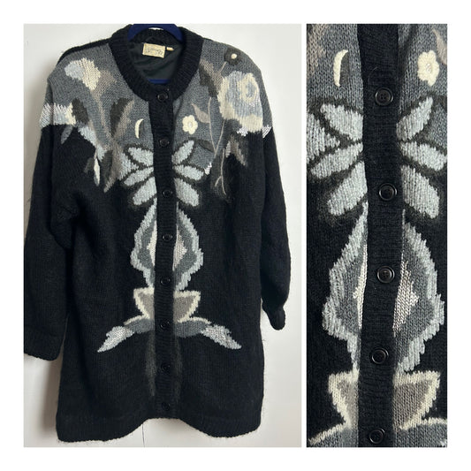 Vintage 1980s G.PISANO Size XL Oversized Black & Grey Floral Pattern Wool Mix Cardigan Coatigan