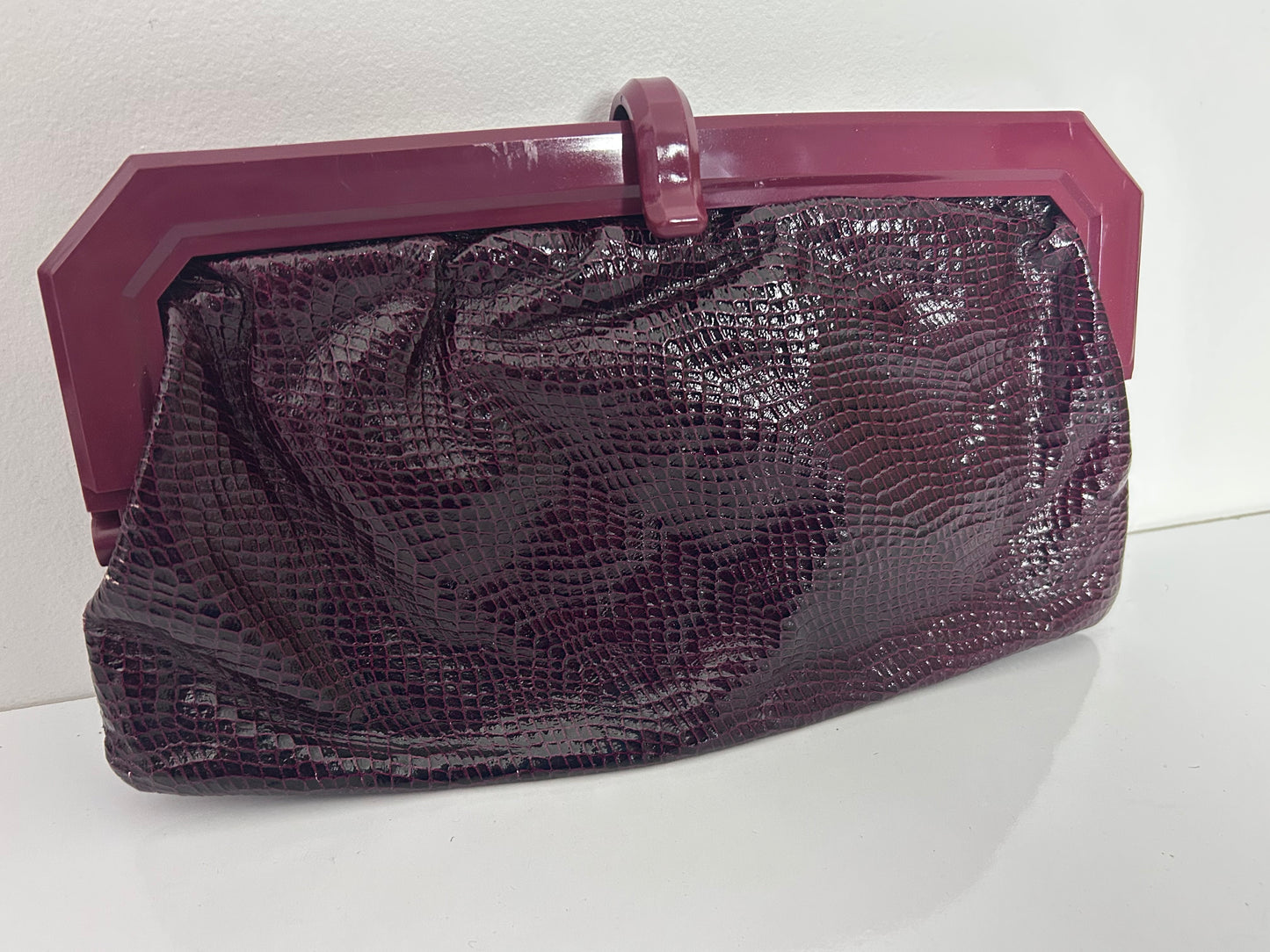 Vintage 1980s ITALIAN Burgundy Wine Red Mock Reptile Skin Clutch Bag