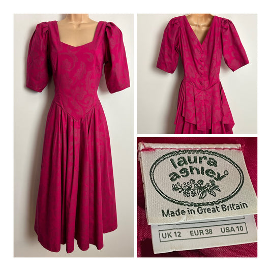 Vintage 1980s LAURA ASHLEY UK Size 8 (Size 12 On Label) Dark Pink Glitter Floral Pleated Ballgown Party Dress