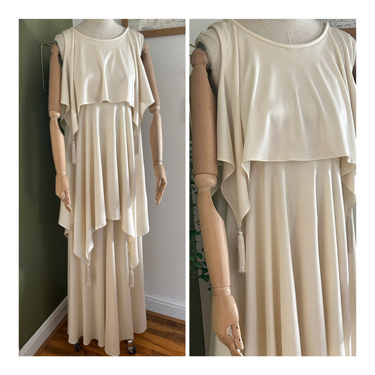 Vintage 1970s JOHN CHARLES LONDON Size 10-12 Cream Triple Layered Tassel Detail Boho Occasion Maxi Dress