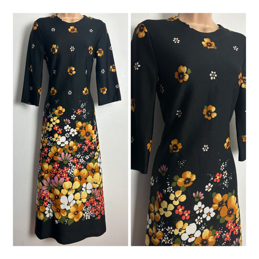 Vintage 1970s Size 10 Black Coral Tan & Lemon Floral Print Long Sleeve Maxi Dress