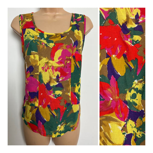 Vintage 1980s Size 10-12 Pink Green Yellow & Red Floral Print Linen & Cotton Mix Top