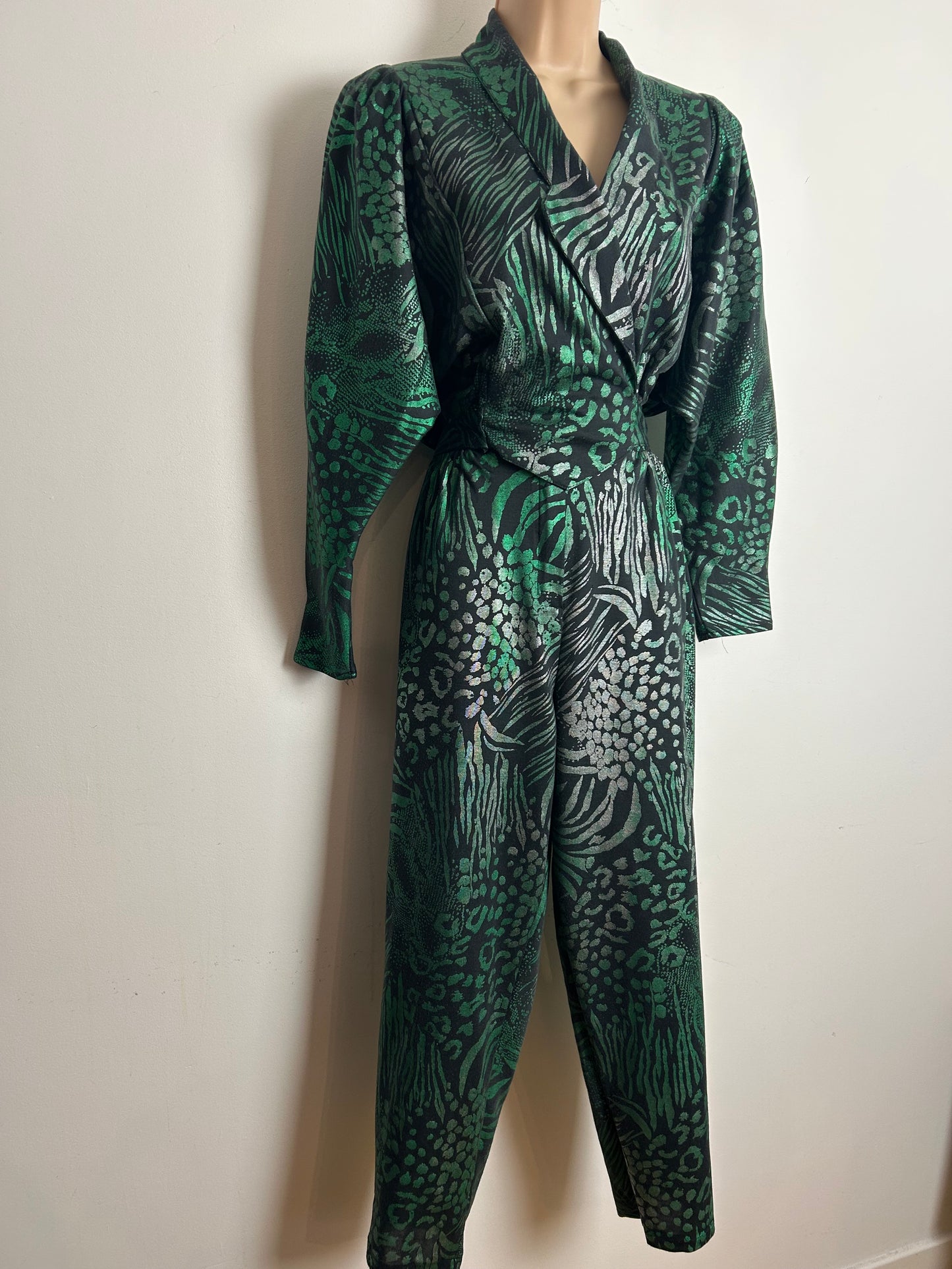 Vintage 1980s Size 10 Black & Green Iridescent Animal Print Bat Wing Wrap Bodice Jumpsuit